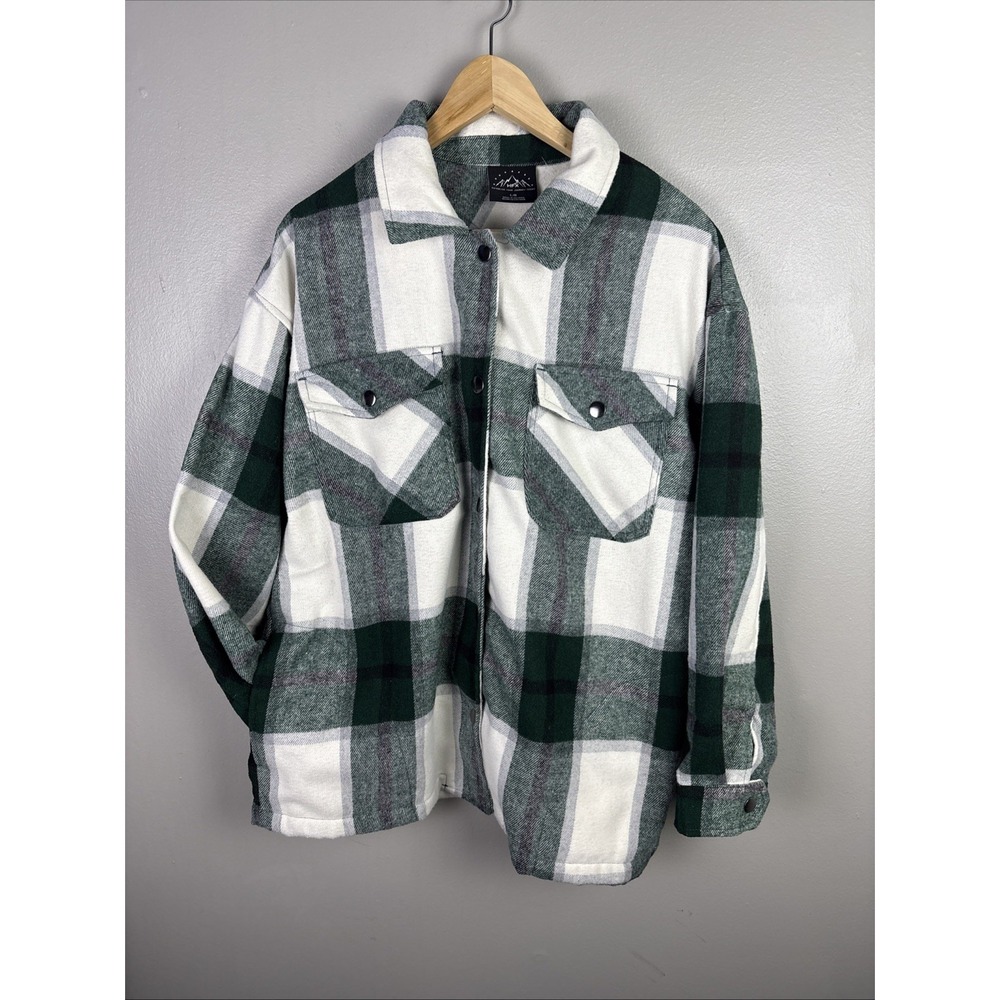 HFX Flannel Jacket Men's Large Green White Plaid Cotton Wool Blend Snaps Shacket